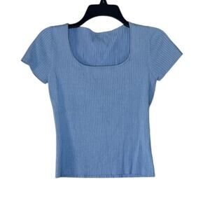 Blue Ribbed Short Sleeve Baby T-shirt Vintage Inspired Stretch Top